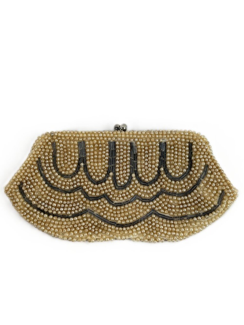 Mid-Century Retro Beaded Clutch Ivory Pearl & Gunmetal Scalloped Evening Bag